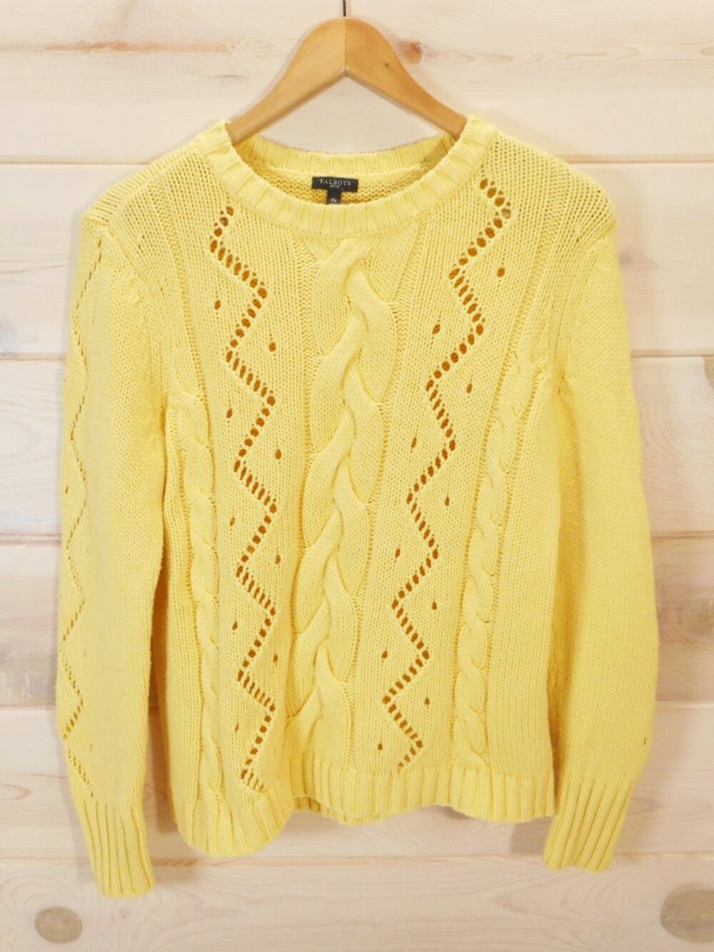 Talbots Women's MP Medium Petite Pastel Yellow Cable Knit Cotton Blend Sweater